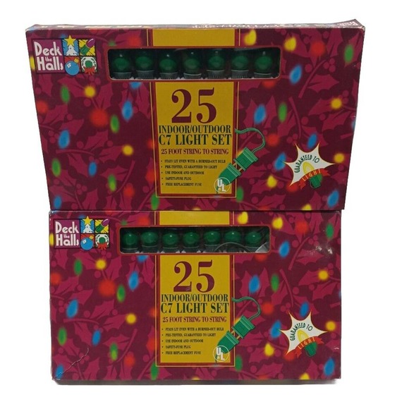 NEW VTG (2) 25' C7 LIGHT STRING IN/OUT Large Green "Deck the Halls" NEW in BOXES - Picture 1 of 6